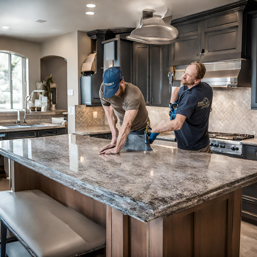 two people working on a granite countertop in a kitchen