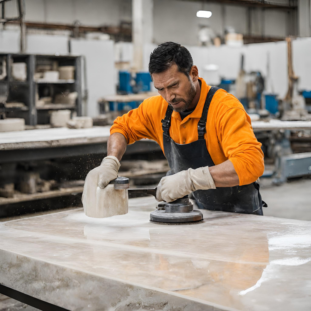 a person in an orange shirt working on a marble countertop white countertops granite colors