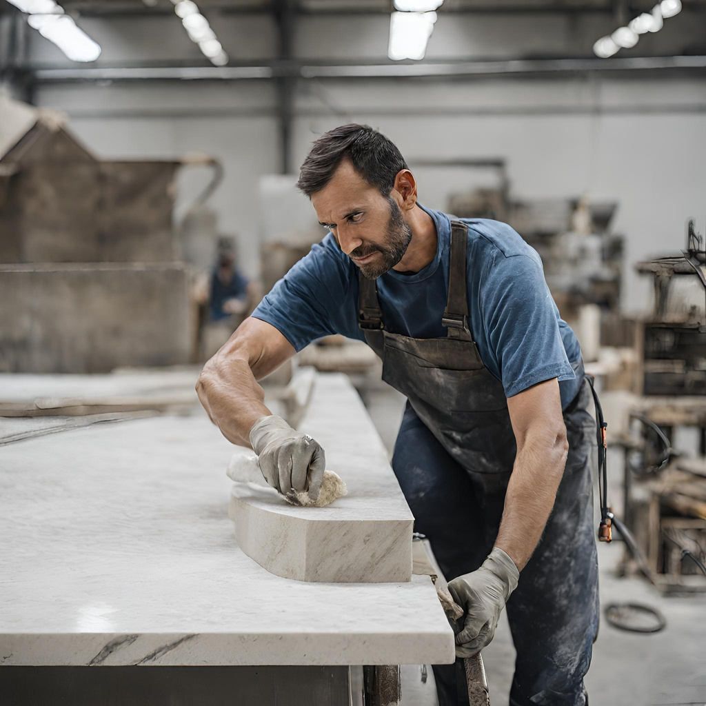 a person working on a marble countertop in a factory